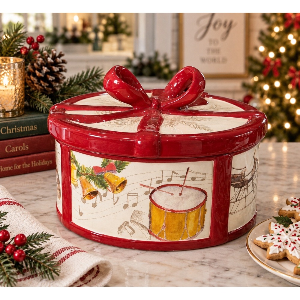 Williams Sonoma Christmas Carols Ceramic Lidded Drum Bowl Container Red Bow 2011